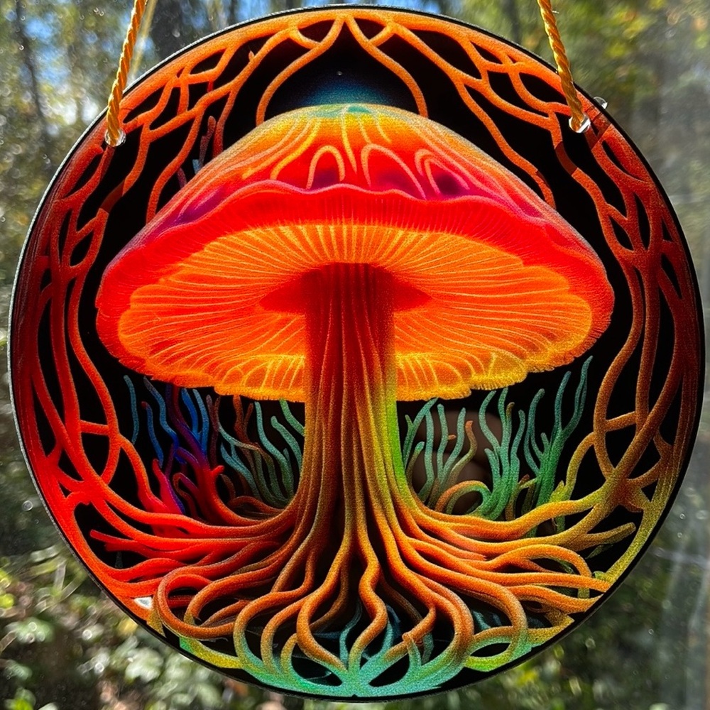 Orange Mushroom Acrylic Suncatcher Decorative Window Decor Faux Stained Glass